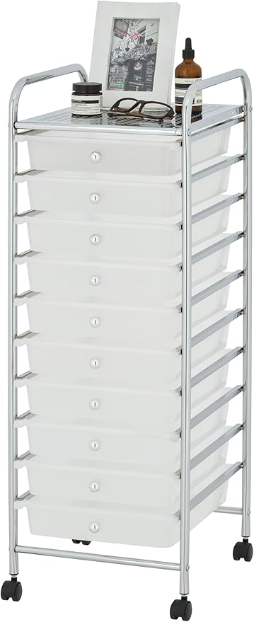 Display By Jack Rolling Storage Cart 10 Drawer Organizer with White Drawers, Slim 36" Chrome Frame, Locking Wheels, and Top Shelf for Office, Classroom, Bathroom, or Craft Storage