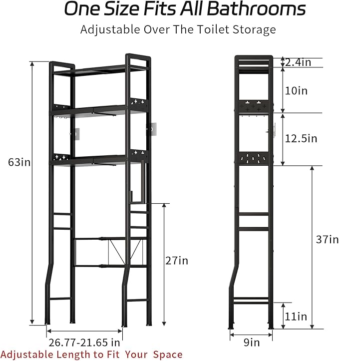 HEVONTIXAL Adjustable Over The Toilet Storage Shelf,3-Tier Metal Over Toilet Organizer with Toilet Paper Holder & Hooks,Space-Saving Option for Small Bathrooms, Black,(22 in- 27 in Wide)