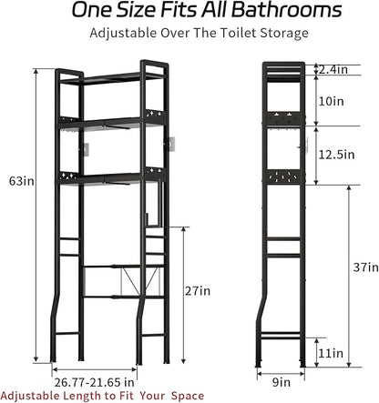 HEVONTIXAL Adjustable Over The Toilet Storage Shelf,3-Tier Metal Over Toilet Organizer with Toilet Paper Holder & Hooks,Space-Saving Option for Small Bathrooms, Black,(22 in- 27 in Wide)