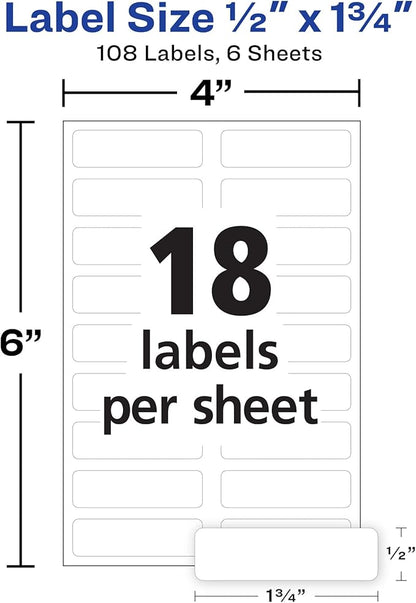 Avery No-Iron Fabric Labels, 1/2" x 1-3/4", Washer and Dryer-Safe, White, Non-Printable, 54 Labels Per Pack, 108 Total (2-Pack of 40720)