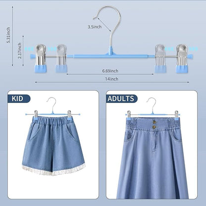 HWAJAN 10PACK 14Inch Pants Hangers with Clips Adjustable Skirt Hangers for Women Black Metal Non-Slip Trousers Hanger Heavy Duty Space Saving Clothes Hanger for Shorts,Jeans,Sky Blue