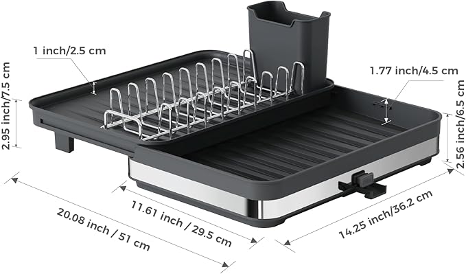 Collapsible dish drying rack,stainless steel foldable dish rack with cutlery holder,multifunctional expandable big capacity dish drainer board,Space Saving extendable dish holder