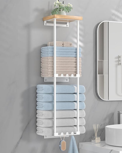 HapiRm Towel Racks for Bathroom Storage - Wall Mounted Towel Holder with Shelf, Rolled Towel Storage Bath Towel Organizer for Small Bathroom, Camper, Rv - White