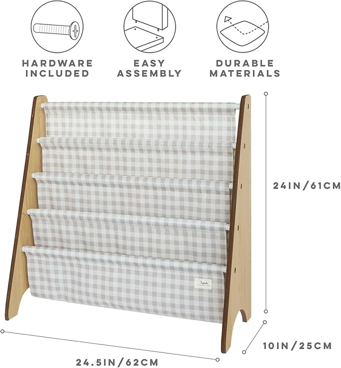 3 Sprouts Recycled Fabric Kids Bookshelf – 4-Tier Sling Book Rack Organizer - Nursery Room Playroom Classroom Wooden Book Shelves - Kid Bookcase Wood Storage Shelf for Toddler Age 3+ - Gingham Beige | Recycled Fabric, Organizer, Nursery Room, Playroom,...