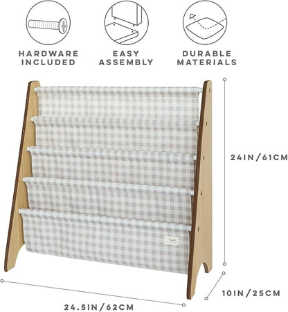 3 Sprouts Recycled Fabric Kids Bookshelf – 4-Tier Sling Book Rack Organizer - Nursery Room Playroom Classroom Wooden Book Shelves - Kid Bookcase Wood Storage Shelf for Toddler Age 3+ - Gingham Beige | Recycled Fabric, Organizer, Nursery Room, Playroom,...