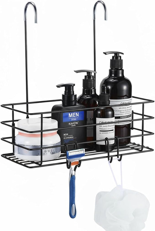 Seltomer Shower Caddy Hanging Shower Orangizer Stainless Steel Shower Rack with Hooks Over The Door, Shampoo Basket Storage (Black)