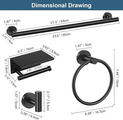 Matte Black Bathroom Hardware Set, 5 Pieces Black Towel Bar Bathroom Accessories Set, Upgraded Toilet Paper Holder with Shelf, 23.6 Inch Towel Rack Towel Holder for Bathroom Wall
