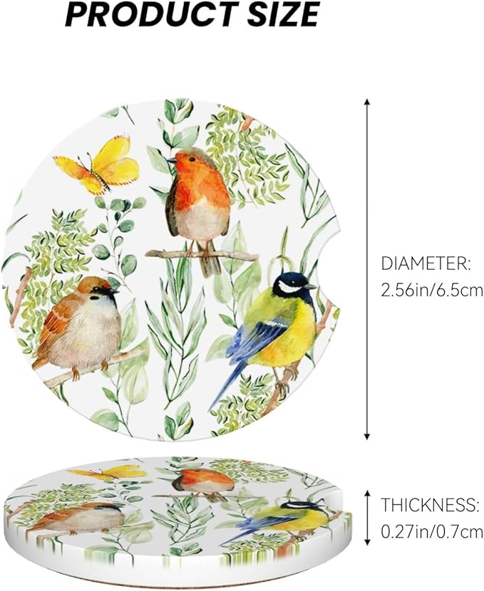 Bird Floral Flower Car Cup Holder Coaster 2 Pack Absorbent Ceramic Car Coasters for Cup Holders Car Accessories Interior for Women Men Universal Anti Slip Cork Base Cup Coasters with Finger Notch