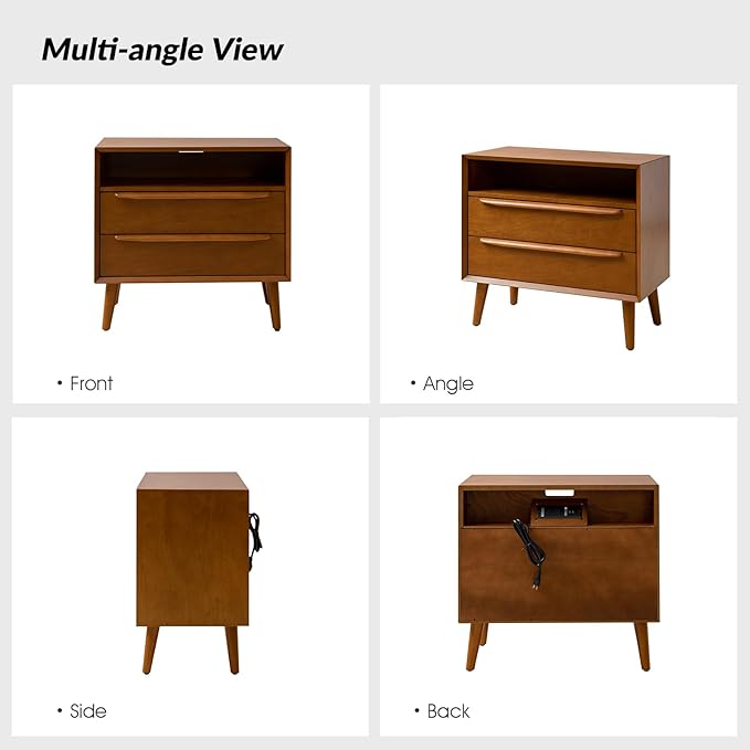 HULALA HOME End Table with Charging Station, Mid-Century Modern 2 Drawer and Open Shelf, Fluted End Table（Acorn, Set of 2）