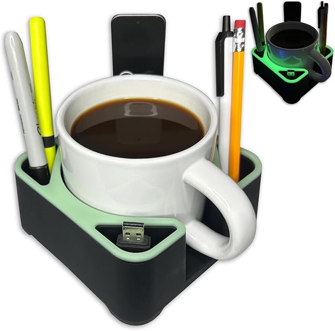 MugBrick Spill-Proof Mug Holder and Desk Organizer. Non-Tip Coffee Cup Holder with Pockets for Pens and Small Remotes. Ideal for Bed, Desktop or Couch, Gift for Coffee Drinkers, Black + Green Glow