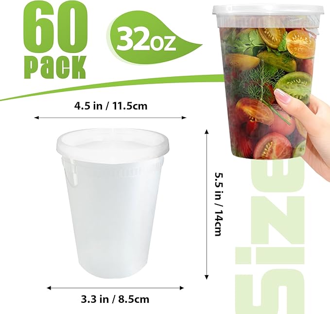 Slomg 60 Pack 32oz Plastic Deli Containers with Lids, Disposable Food Storage Containers for Soup Meal Prep Leftover, To Go Takeout Quart Bowls for Restaurant Kitchen Microwave Dishwasher Freezer Safe