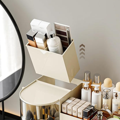 Makeup Organizer with Rotating Brush Holder Cosmetic Organizer with Drawers Countertop Skincare Organizer for Vanity,Cosmetic Display Case Storage (Cream, Large)