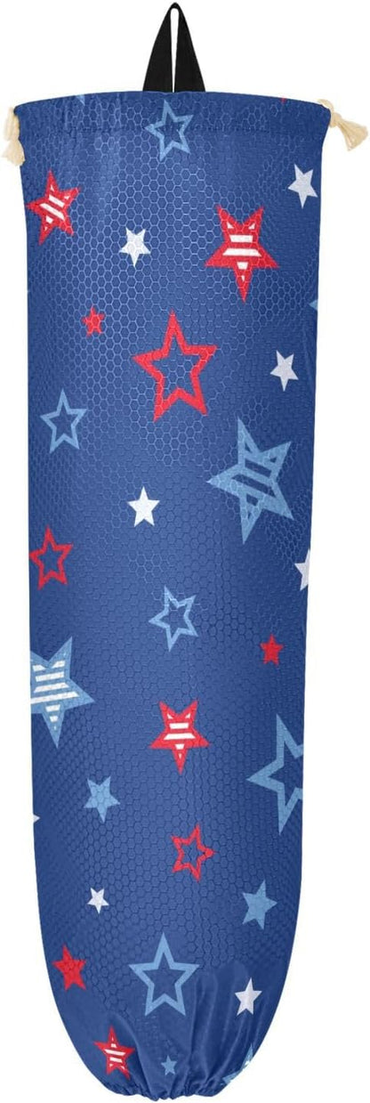 2 PCS Plastic Bag Holder Wall Mount Grocery Bag Holder Shopping Bag Trash Bag Storage Organizer Dispenser for Kitchen Closet 22 x 9 Inch Patriotic Stars