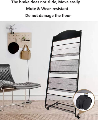 Granville Floor Brochure Stand Magazine Rack, Brochure Display Stand, 4 Pockets Magazine Holder Newspaper Stand with 4 Wheels (2 Lockable), Black