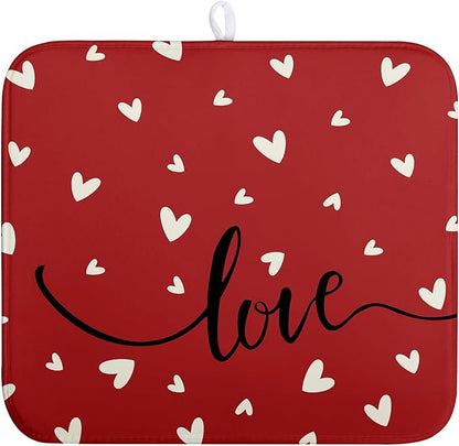 Wnoesat Valentines Day Dish Drying Mat 18x24 Inch Valentine Red Love Heart Drying Mats for Kitchen Counter Super Absorbent Microfiber Medium Dish Drying Pad Heat Resistant Dish Draining Rack Mat