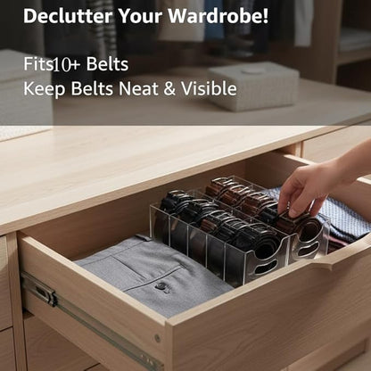 Belt Organizer 2-Pack，Belt storage Organizer for Closet with Removable Dividers - 5 Compartments & Handles Drawer Storage and Organizers for underwear, Socks, and Bow Ties Acrylic Belt Organizers