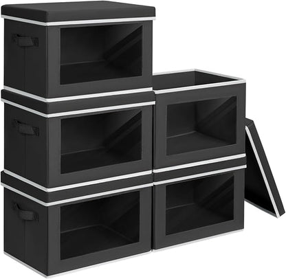 Stackable Storage Bins with Lids - Medium Storage Box with Lids, Foldable Closet Boxes for Organizing, Wardrobe Clothes Organizer with Window, Cubes Bins for Living Room, 5 Pack, Black