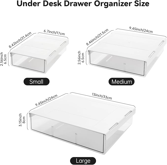OTraki Under Desk Table Drawer Storage Organizer 3 Pack Large & Medium & Small Under Desk Storage Drawers Slide Out Self-Adhesive Amount Drawer Attach for Office, Home, School (S/M/L)