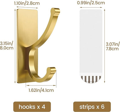 pickpiff Adhesive Wall Hooks with Strip - No Residue, Easy to Remove, Strong Heavy Duty Sticky Towel Hook, 4 Pack Brushed Gold