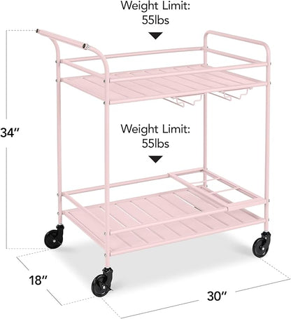 Best Choice Products Rolling Bar Cart, Mobile Home Bar Serving Cart, Serving Station w/ 2 Tier Shelves, Wine Rack, Lockable Wheels - Pink