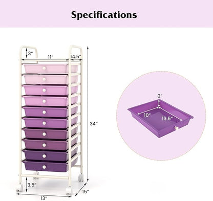 Giantex 10-Drawer Storage Cart w/Universal Wheel, Rolling Cart w/Handle, Home Organizer Storage Unit w/Removable Drawers, Trolley Utility Cart for Kitchen Makeup Living Room Office Play Room