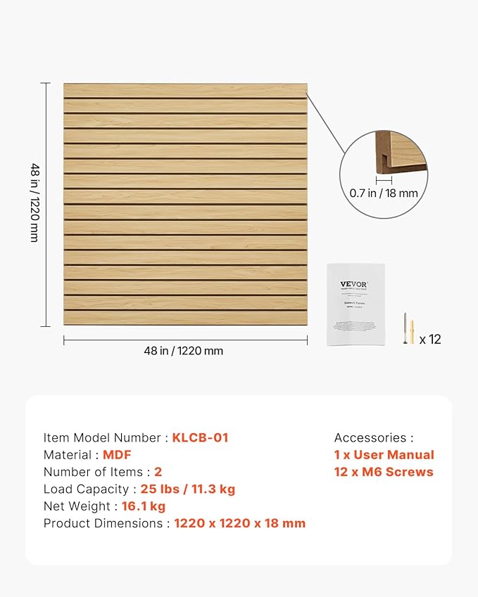 VEVOR Slat Wall Paneling, 4 x 4ft, MDF Garage Slatwall with Modular Design, Natural Slat Wall Easy-to-Install Adjustable Slatwall Panel with Coupling Structure & DIY Cutting, Fit for Storage & Display
