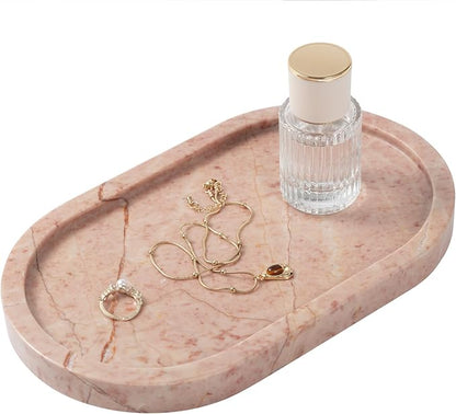 Cream Rose Marble Oval Tray 10x6 Inch - Vanity & Bathroom Organizer, Coffee Table Decor - Weighted Stone Base