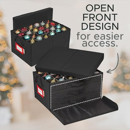 HOLDN’ STORAGE Christmas Ornament Storage Box with Dividers, Holds 72 Ornaments (3 Inch), Large Ball Storage Container with 3 Removable Trays, Durable and Portable - Black
