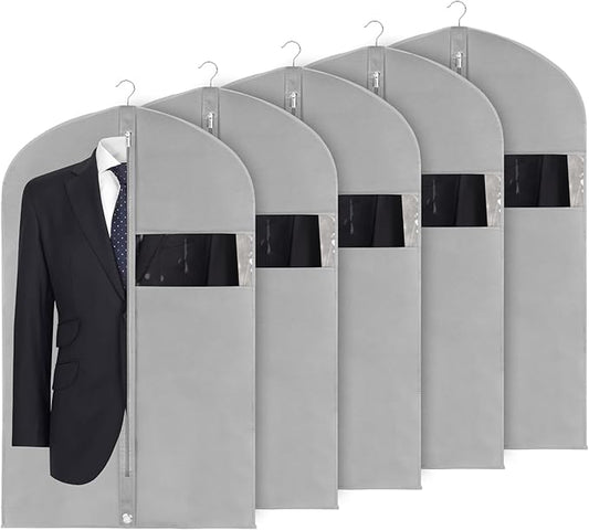 Syeeiex 40" Suit Bag, Set of 5 Garment Bag, Garment Bags for Hanging Clothes, Suit Bags for Closet Storage, Waterproof and Dustproof, Best for Suits, Shirts, T-shirts and Jackets on Closet(Grey)