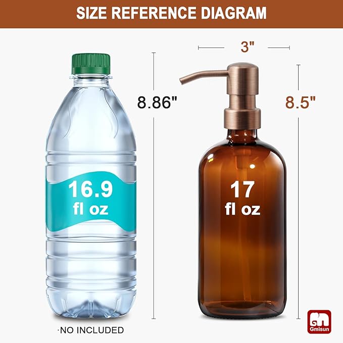 GMISUN Amber Glass Soap Dispenser, 2 Pack Bathroom Hand Soap Dispensers with Rose Gold Pump, 17 Fl Oz Kitchen Hand and Dish Soap Dispenser Set, Modern Vintage Liquid Brown Soap Dispensers Bottle
