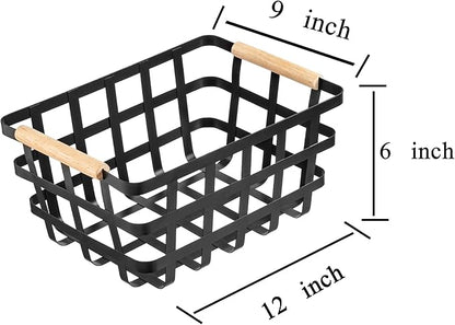 Large Metal Storage Baskets Bins Organizer Farmhouse Freezer Baskets for Pantry Cabinets Rustic Kitchen Counter Closet 4 Pack - Black