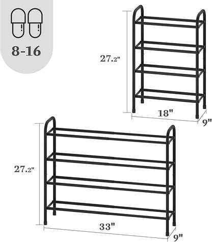 Expandable Shoe Rack, 4-Tier Metal Small Shoe Rack, Adjustable Shoes Organizer, Storage Shelf for Closet, Entryway, Black