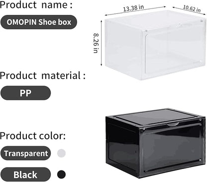 OMOPIN 8 PACK XL Shoe Storage Box,Drop Side Sneaker Display Case,Shoe Boxes Clear Plastic Stackable 13.4”x 10.6”x 8.3” Fit up to US 13 (Clear 8Pack)