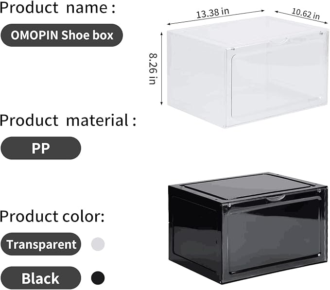 OMOPIN XL clear shoe storage boxes stackable, 8 Pack Large Shoe Boxes Clear Plastic Stackable, Drop side Sneaker Container Fit Size 13 (Black 8 Pack)
