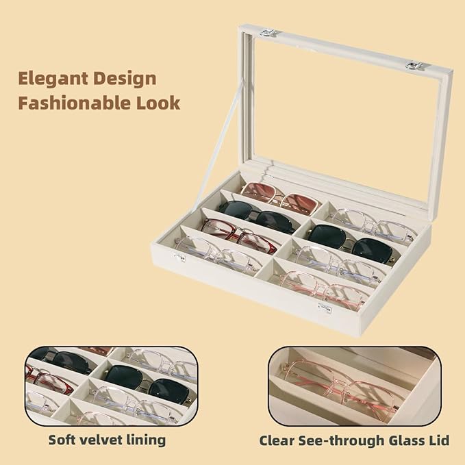 XHMQYC Glasses Holder Box Drawer Sunglass Organizer for Men Clear Wide Storage Case 8 Slots Multiple Reading Glasses Display, Beige Velvet With Clear Glass Lid