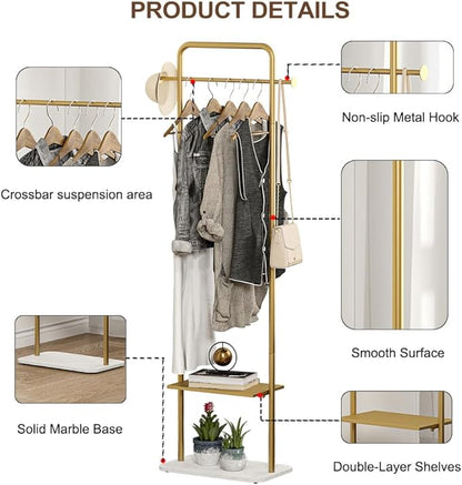 Gold Clothing Rack, Freestanding Coat Rack with Metal Shelves and Natural Marble Base, Small Clothes Stand Organizer for Bedroom, Entryway, Apartment (Gold, 19.7")