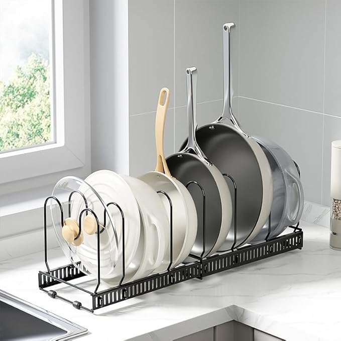 WUETOAYA Expandable Pots and Pans Organizer Rack, Pot Lid Kitchen Cabinet Organizer Holder with 10 Adjustable Compartment, Cookware Rack for Kitchen Cabinet Storage, Black