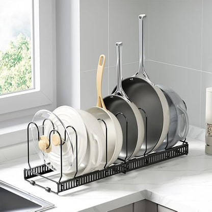WUETOAYA Expandable Pots and Pans Organizer Rack, Pot Lid Kitchen Cabinet Organizer Holder with 10 Adjustable Compartment, Cookware Rack for Kitchen Cabinet Storage, Black