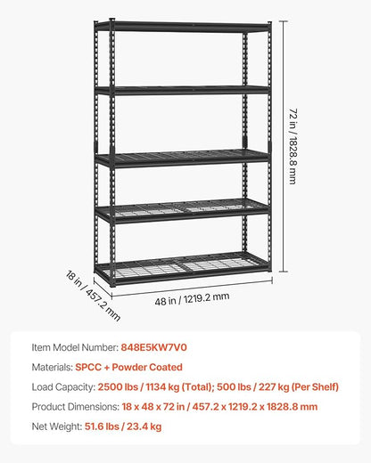 VEVOR Storage Shelves, 2500 lbs, 5 Tier Heavy Duty Garage Shelving, 18" D x 48" W x 72" H Adjustable Metal Shelves for Industrial Shelving Unit Utility Shelf, for Kitchen, Warehouse, Basement, Black