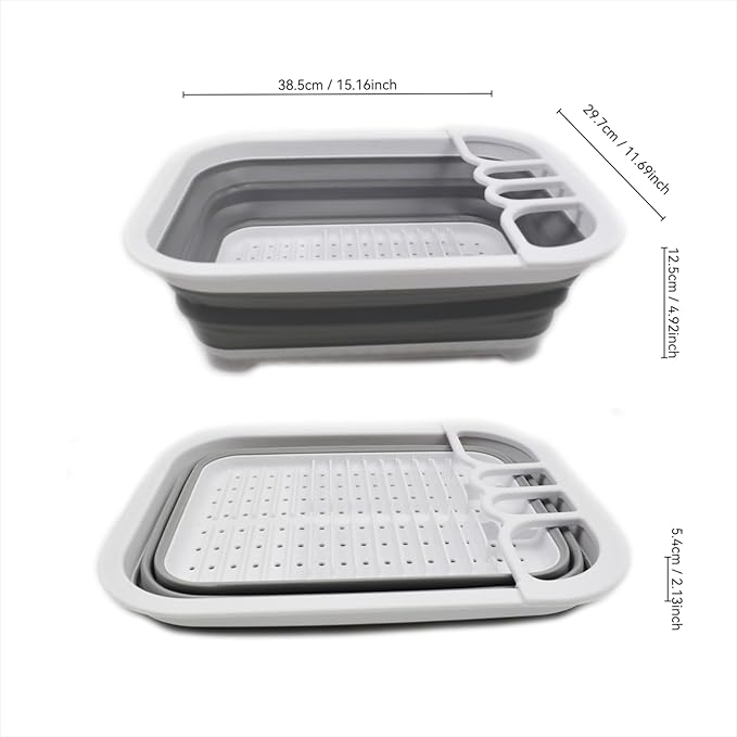 SAMMART Collapsible Dish Drainer - Foldable Drying Rack Set - Portable Dinnerware Organizer - Space Saving Kitchen Utensil Storage Tray (2, Grey + Lake Green (Set of 2))