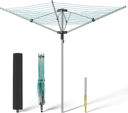tonchean Rotary Umbrella Drying Rack, Adjustable Height Rotary 4-arm Umbrella Clothesline for Laundry Outdoors Dryer Collapsible Clothes Drying Rack | 12-Lines with 165 ft. Clothesline
