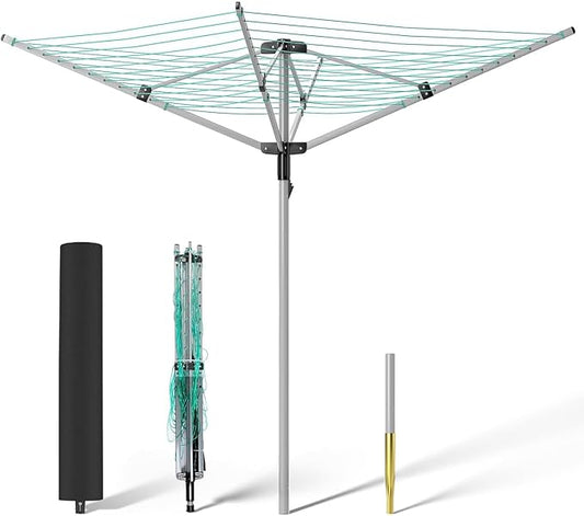 tonchean Rotary Umbrella Drying Rack, Adjustable Height Rotary 4-arm Umbrella Clothesline for Laundry Outdoors Dryer Collapsible Clothes Drying Rack | 12-Lines with 165 ft. Clothesline
