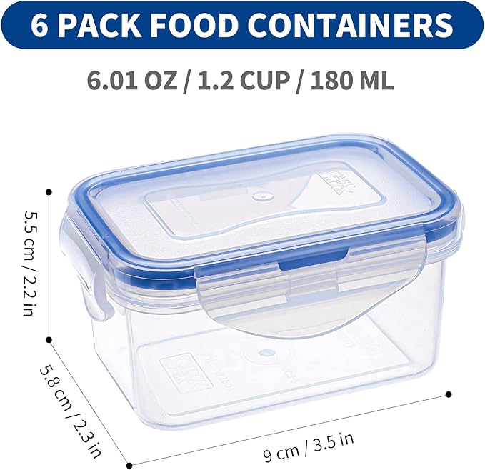 KIGI 6 Pack 6OZ Small Plastic Rectangular Bento Box Leakproof Food Storage Containers with Lids Airtight Mini Meal Prep