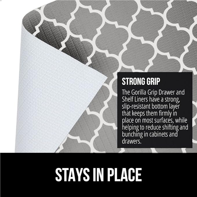 GORILLA GRIP Slip Resistant Drawer and Shelf Liner 2 Pack, Non Adhesive Water Resistant, Easy Clean and Trim, Smooth Surface Liners for Kitchen Cabinet Shelves Drawers Pantry 20 IN x 20 FT, White Gray