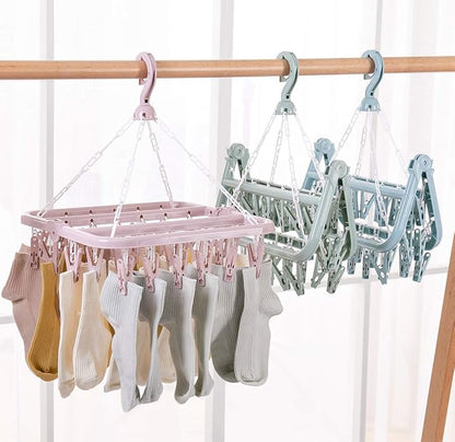 Laundry Hangers with 32 Clips,Clothespin Rack Foldable Laundry Drying Rack Drip Hanger for Drying Socks,Bras,Towel,Underwear,Hat,Scarf,Pants,Baby Clothes,Cloth Diapers,Gloves (Purple)