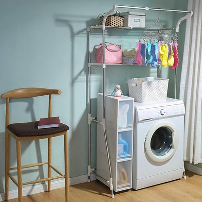 BAOYOUNI 2-Layer Over Washing Machine Storage Rack Utility Metal Bathroom Shelf 6-Hook Space Saver Width Adjustable Organization for Laundry Room Toilet (62-101cm, Ivory)