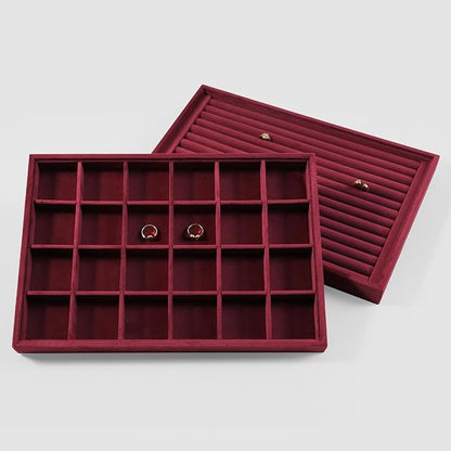 Velvet Stackable Jewelry Display Tray, 24 Grid Earring Ring Storage Tray, Drawer Divider Jewelry Accessories Organizer Plate (Red)
