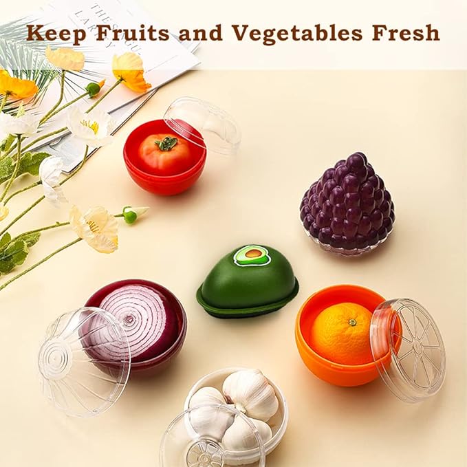 HMIEPRS 6 PCS Fruit and Vegetable Storage Containers, Reusable Storage Keeper, Lemon Orange Avocado Onion Garlic Tomato Shaped Saver Holder for Fridge, Refrigerator Crisper for Fruit and Vegetable