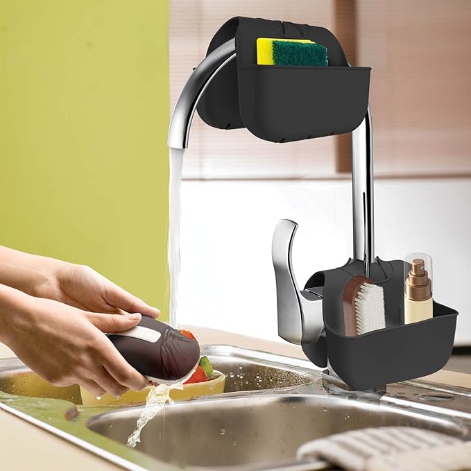 VPASION Sponge Holder for Kitchen Sink, Silicone Sink Saddle Caddy Organizer Rack, Sponges Holder Over Faucet, Hanging Kitchen Organizer Accessories Rack Basket Black