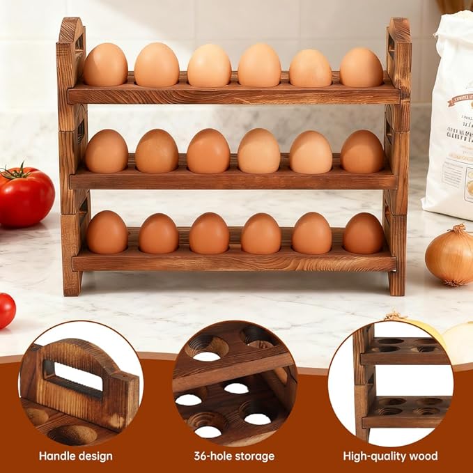 Wooden Egg Holder Countertop, ‌3-Tier Wooden Egg Holder & Storage, 36-Hole Stackable Rack for Fresh Eggs, Easter Eggs, Home Kitchen Organizer